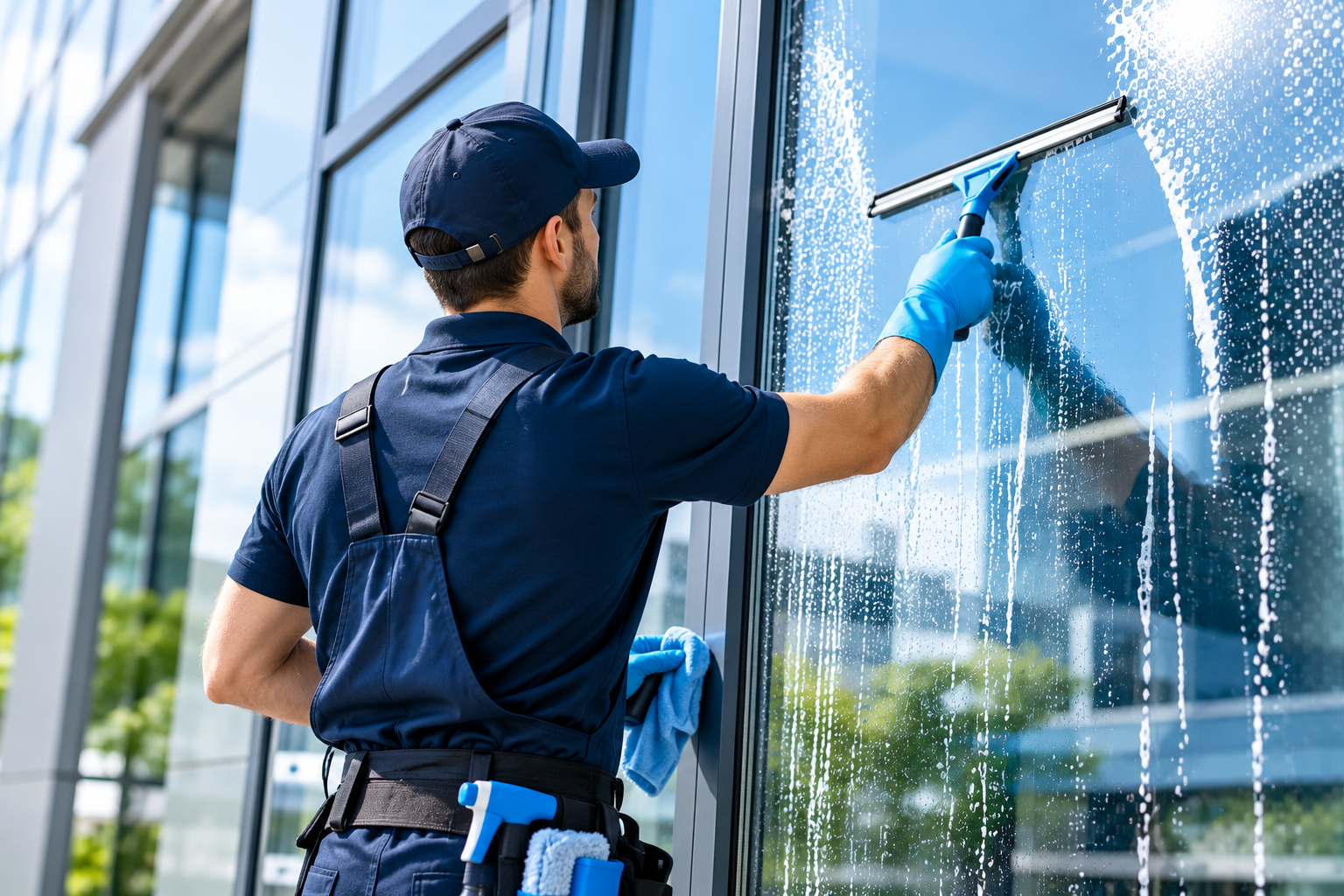 Fensterreiniger an moderner Glasfassade