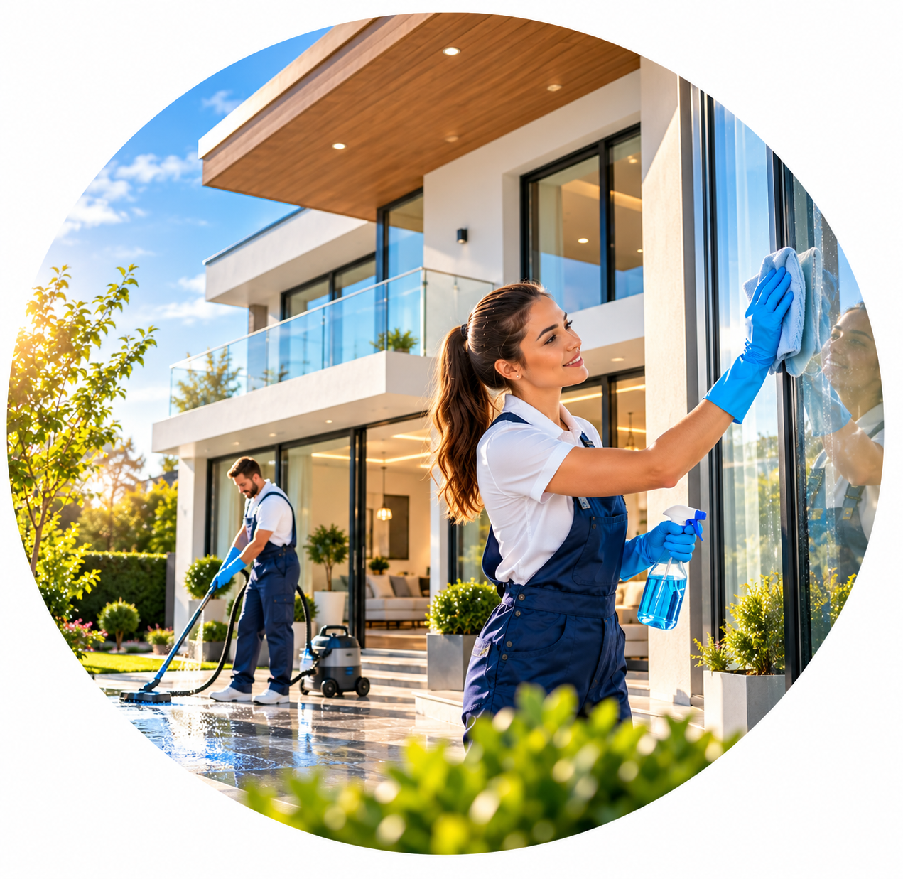 Professionelle Fensterreinigung am modernen Haus
